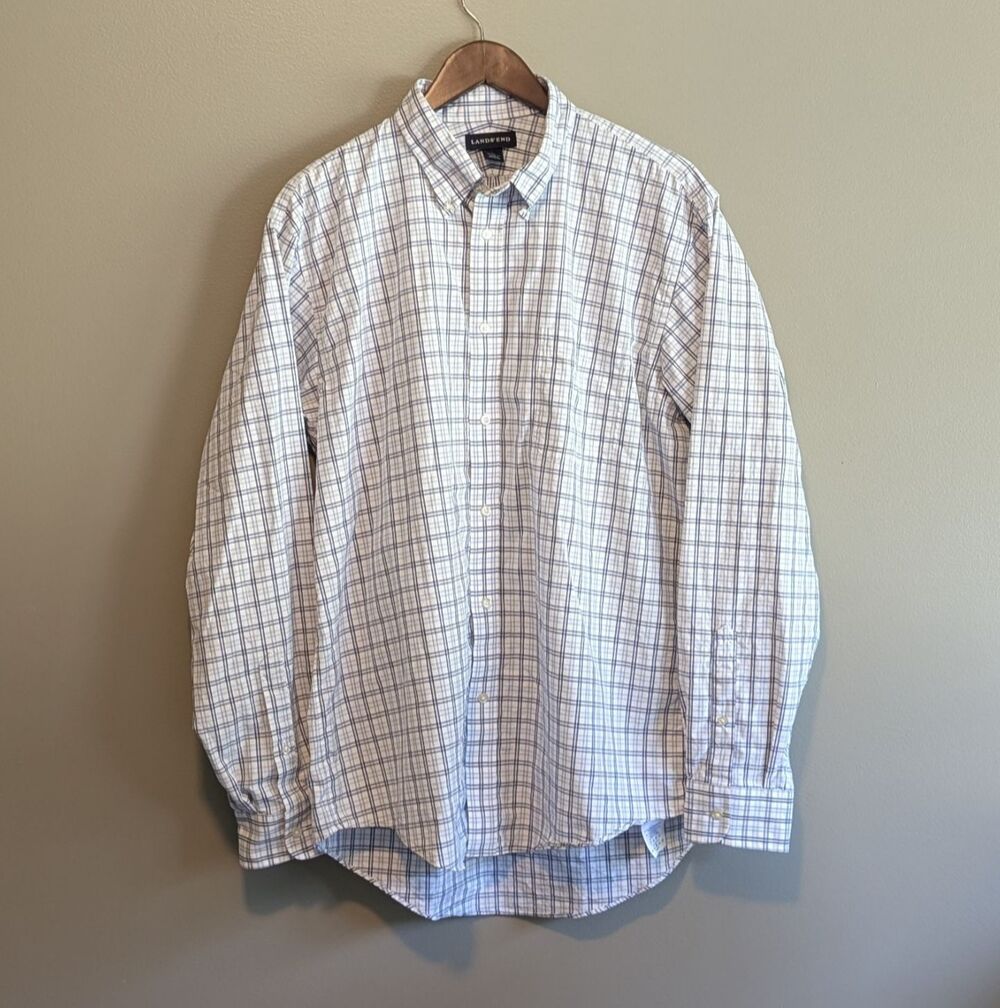 Lands End Mens Shirt Large L 16 16.5 Blue White Plaid Long Sleeve Button Down